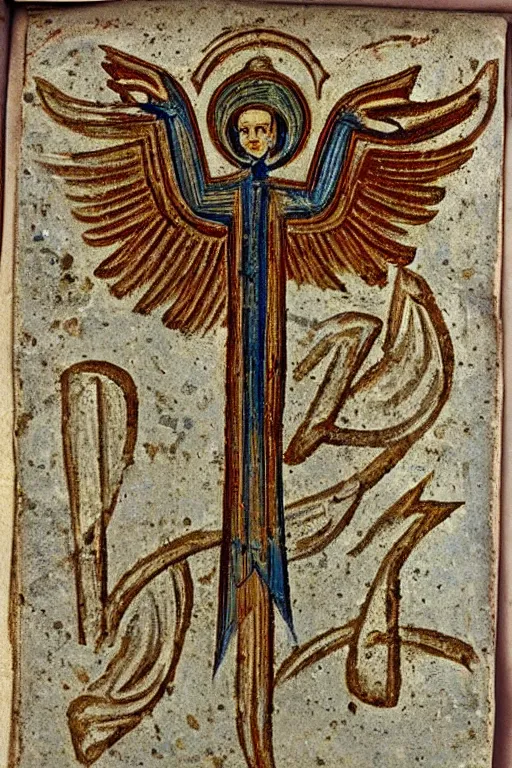 Prompt: Old alchemic symbol of archangel Gabriel, Symbol painted to an old paper ,intricate, elegant, highly detailed, smooth, sharp focus, old manuscript