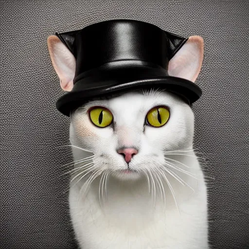 Prompt: a cat wearing a black leather hat, frontal view, cool looking