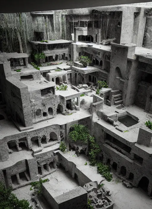 Image similar to “an Aerial view of a cenotes-like modernism Calidarium with marble quarry interior designed by GiuseppeTerragni , Danteum, Dearmcore, abandoned Architecture, hyper-realistic, dark and moody, highly detailed, hyper-realistic, environment, dramatic lighting, octane rendering, vray, unreal engine, cinematic view, 8k”