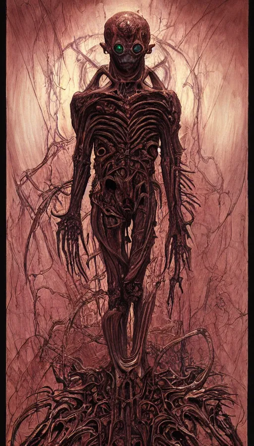 Image similar to Doom themed painting of symmetrical torso demon dissection anatomy with extended evil hands concept, intricate artwork by H.R. Giger, Johnatan Wayshak, Zdizslaw Beksinski, Ayami Kojima, Amano, Karol Bak, Moebius, and Mark Brooks, Neo-Gothic, gothic, rich deep colors, art by Takato Yamamoto, masterpiece, face by Artgerm, very coherent artwork, cinematic, hyper realism, high detail, octane render, unreal engine, 8k, High contrast, golden ratio, trending on cgsociety