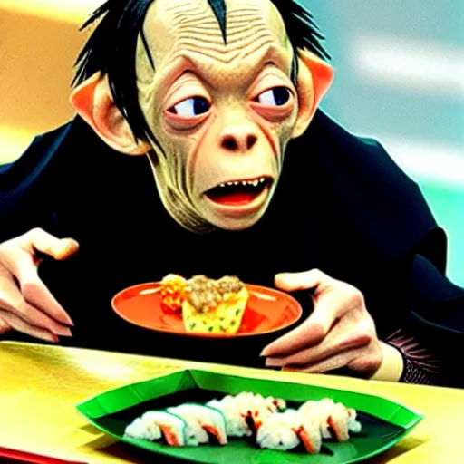 Image similar to gollum from lord of the rings eating sushi on a japanese game show