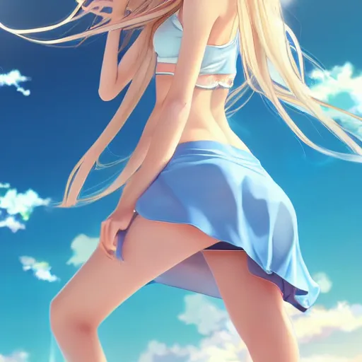 Prompt: a very beautiful young anime tennis girl, full body, long wavy blond hair, sky blue eyes, full round face, short smile, bikini, miniskirt, highly detailed, cinematic wallpaper by stanley artgerm lau