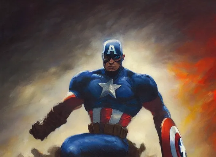 Image similar to A striking painting of Captain America by Frank Frazetta wild ocean storm at night, a giant Sonic the Hedgehog emerging from, dramatic lighting, extremely high detail, trending on artstation,