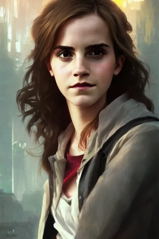 Image similar to portrait of Emma Watson as Hermione Granger in cyberpunk, neon lighting, night city, digital art from artstation by Ruan Jia and Mandy Jurgens and Artgerm and william-adolphe bouguereau and Greg Rutkowski and Wayne Barlowe