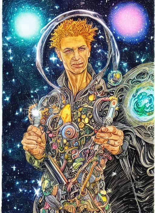 Image similar to high intricate colored ink drawing of the sandman holding a glimmering galaxy, full shot, neil gaiman, maria panfilova, andrea savchenko, mike kime, ludovic plouffe, qi sheng luo, oliver cook, julian calle, eddie mendoza, trending on artstation