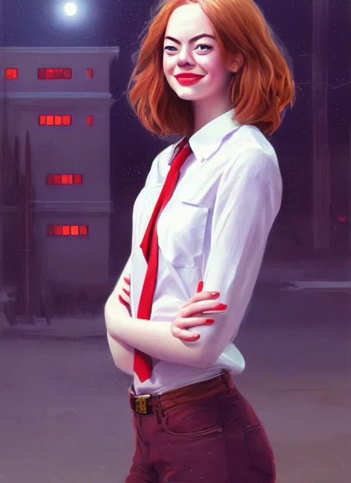 Image similar to portrait of teenage emma stone, long haircut, flowing ginger hair, white shirt, red tie, smiling kindly, soviet house at background, 1 9 8 0 s, intricate, elegant, glowing lights, highly detailed, digital painting, artstation, concept art, smooth, sharp focus, illustration, art by wlop, mars ravelo and greg rutkowski