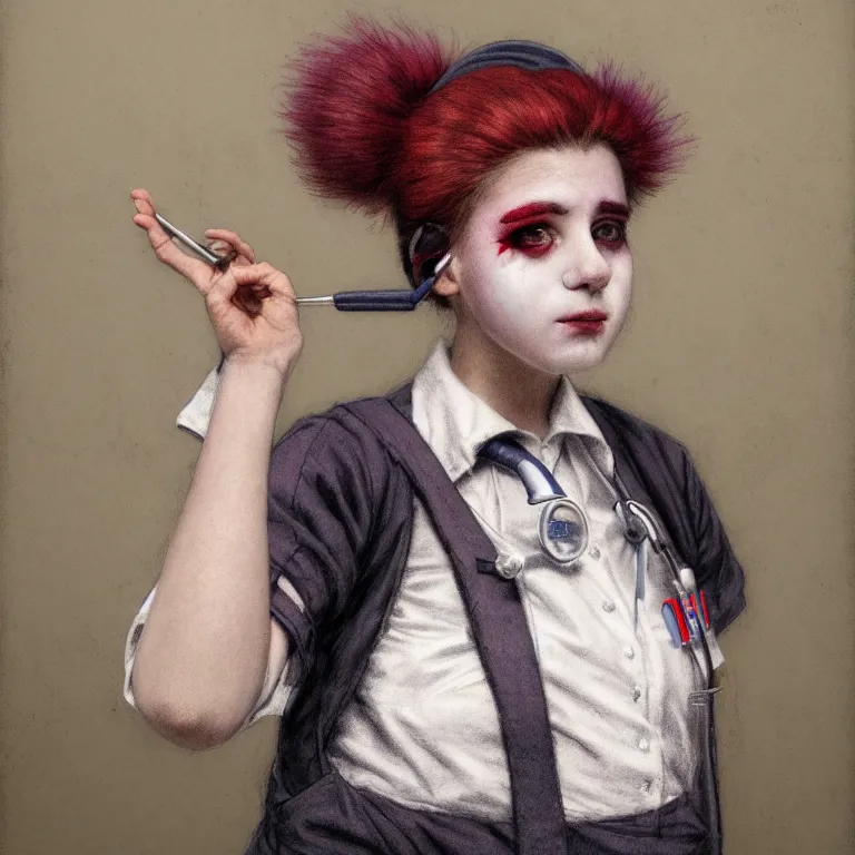 Image similar to clowncore pastel punk young hospital nurse wearing stylish uniform. detailed, portrait, 8 k, artwork by jean - baptiste monge