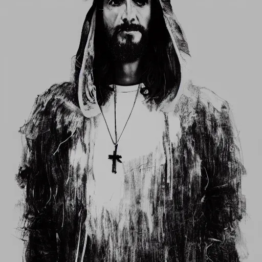 Image similar to a full body lookbook portrait of modern - day jesus wearing virgil abloh off - white menswear collection by nicola samori, hat and hoodie, detailed, oil painting, hyper - realistic, 8 k, off - white collection