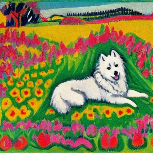 Prompt: a samoyed dog sitting in the middle of sunny meadow, by ernst ludwig kirchner