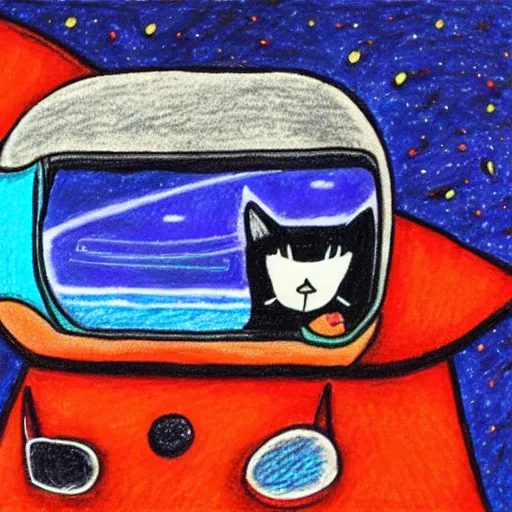 Prompt: an oil pastel painting of an annoyed cat in a spaceship