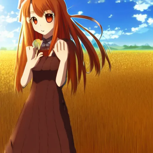 Image similar to anime illustration of Holo from Spice and Wolf standing in a wheat field at sunset, Holo is a wolf girl, high detail, trending on pixiv