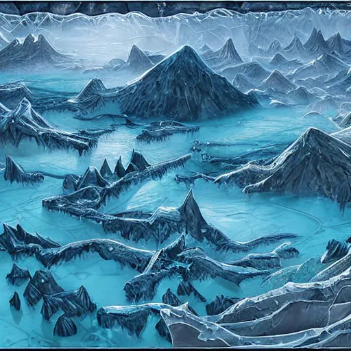 Image similar to a d & d map of a frozen lake with monsters beneath the ice, high quality digital art, gridless, vivid, blue tones, oil painting, trending on arstation, oil painting