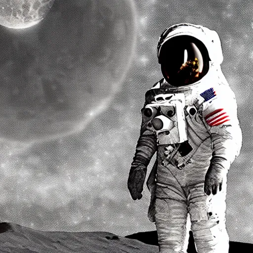 Prompt: hyperrealism sinister military astronaut on the moon, exterior shot, establishing shot