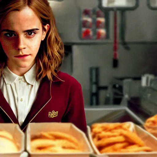 Prompt: Still of Emma Watson as Hermione Granger working the counter at a fast food restaurant. Prisoner of Azkaban. During golden hour. Extremely detailed. Beautiful. 4K. Award winning.