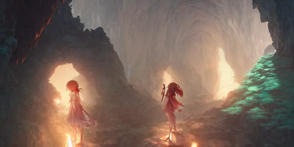 Image similar to the girl and the cave. anime, fantasy, smooth. torches, dark, digital painting, by hayao miyazaki and rossdraws and artgerm and chie yoshii and detmold and greg rutkowski and alphonse mucha. artstation. high quality, stunning, intricate detailed environment. 8 k