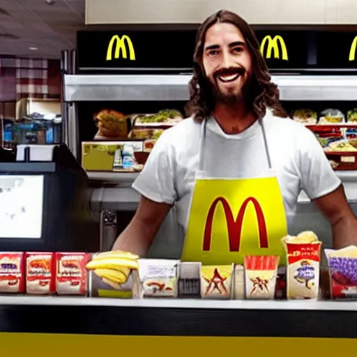 Prompt: Jesus working the counter at McDonald’s real photo