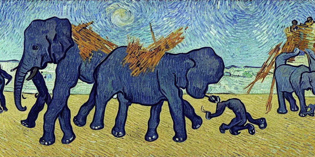 Image similar to in the afternoon at school, an ant kills an elephant as a group of students in sailor uniforms watch by van gogh