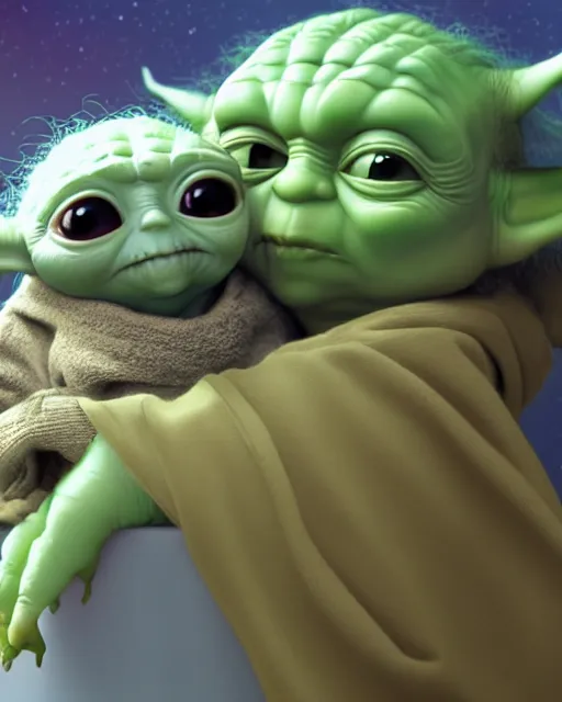 Prompt: an adorable portrait of yoda and grogu, baby yoda sleeping comfortably next to yoda, disney, in the style of pixar, 4 k, high resolution