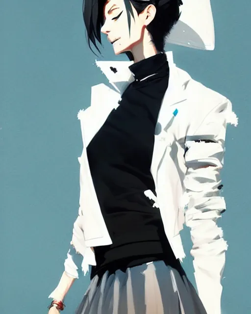 Image similar to a ultradetailed painting of a stylish woman wearing a white jacket with black skirt, by conrad roset, greg rutkowski and makoto shinkai trending on artstation