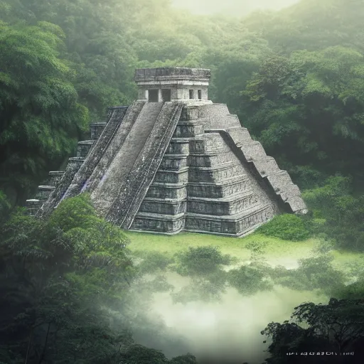 Prompt: mayan temple in the jungle, by tom bagshaw, sunlit, mist, octane render