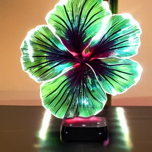 Image similar to a hibiscus flower, cybernetic, made of metal, shiny, glowing