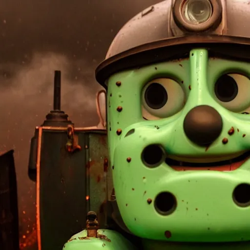 Image similar to thomas the tank engine in extremely dramatic and horrific setting, 8 k, gooey, slime, black, darkness, body horror, thomas the train, thomas the tank engine face, horror,