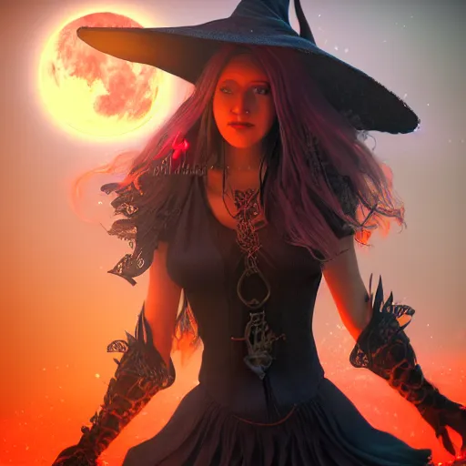 Prompt: a beautiful female witch of the bloodmoon character, character is in all its glory, full body shot, rim lights, particles and dust in the air, fancy clouds, highly detailed professional photo, dynamic lights, particles are flying, depth of field, trending on artstation, professional illustration, hyper realistic, super detailed, colorful accents, cinematic shot