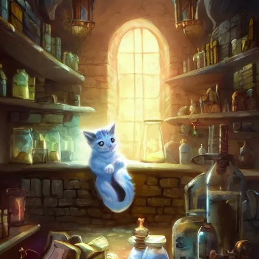 Image similar to beautiful fantasy illustration of an adorable kitten sleeping on the counter of a potion shop. candles, books. by andreas rocha and marc simonetti, trending on artstation 8k hq