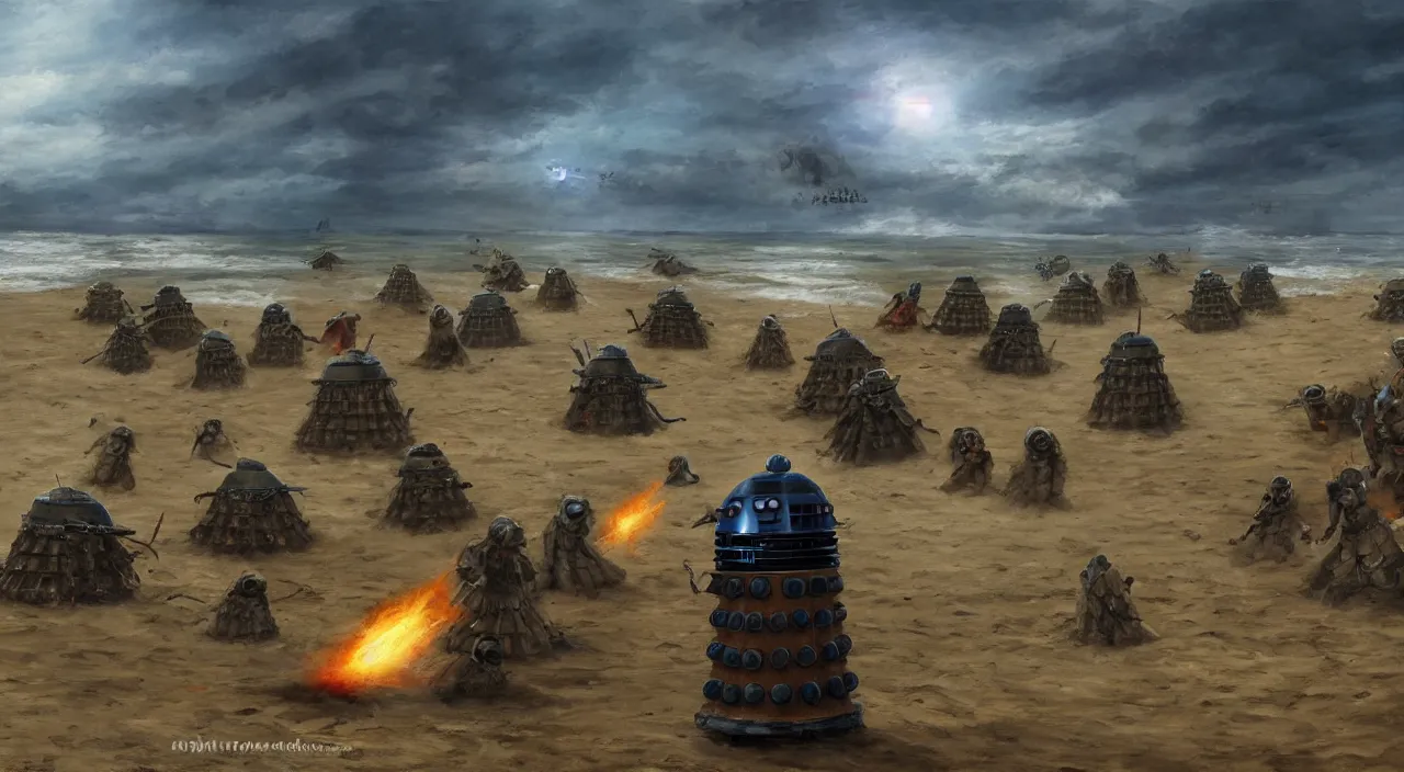 Image similar to Daleks storming Normandy beach, concept art, cinematic