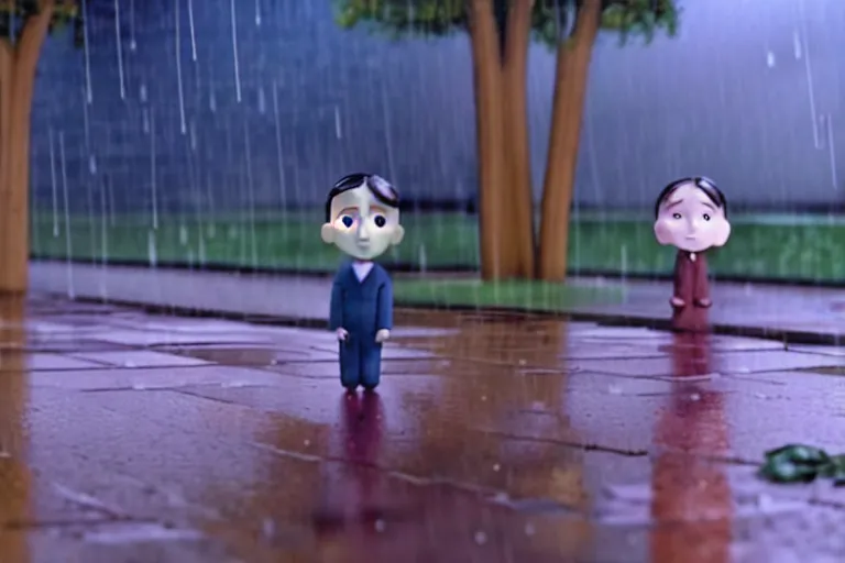 Image similar to A sad scene in the rain, glitchcore, morel orel screencap