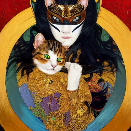 Image similar to cat superhero with kabuki mask, gorgeous, beautiful, intricate, highly detailed, digital painting, artstation, oppressive lighting, concept art, sharp focus, illustration, art by donato giancola and alphonse mucha, background by James Jean and gustav klimt, 4k, volumetric lighting, french nouveau