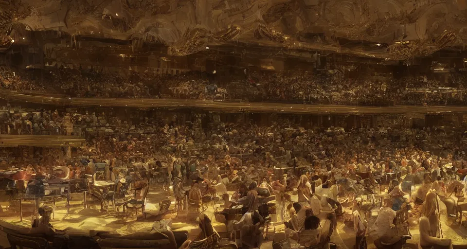 Prompt: craig mullins and ghibli digital art of inside the grand theater, many audience, on the stage, masked female violinists, exotic costumes, gold jewelry, black hair, solo performance unreal engine, hyper realism, realistic shading, cinematic composition, realistic render, octane render, detailed textures, photorealistic, wide shot