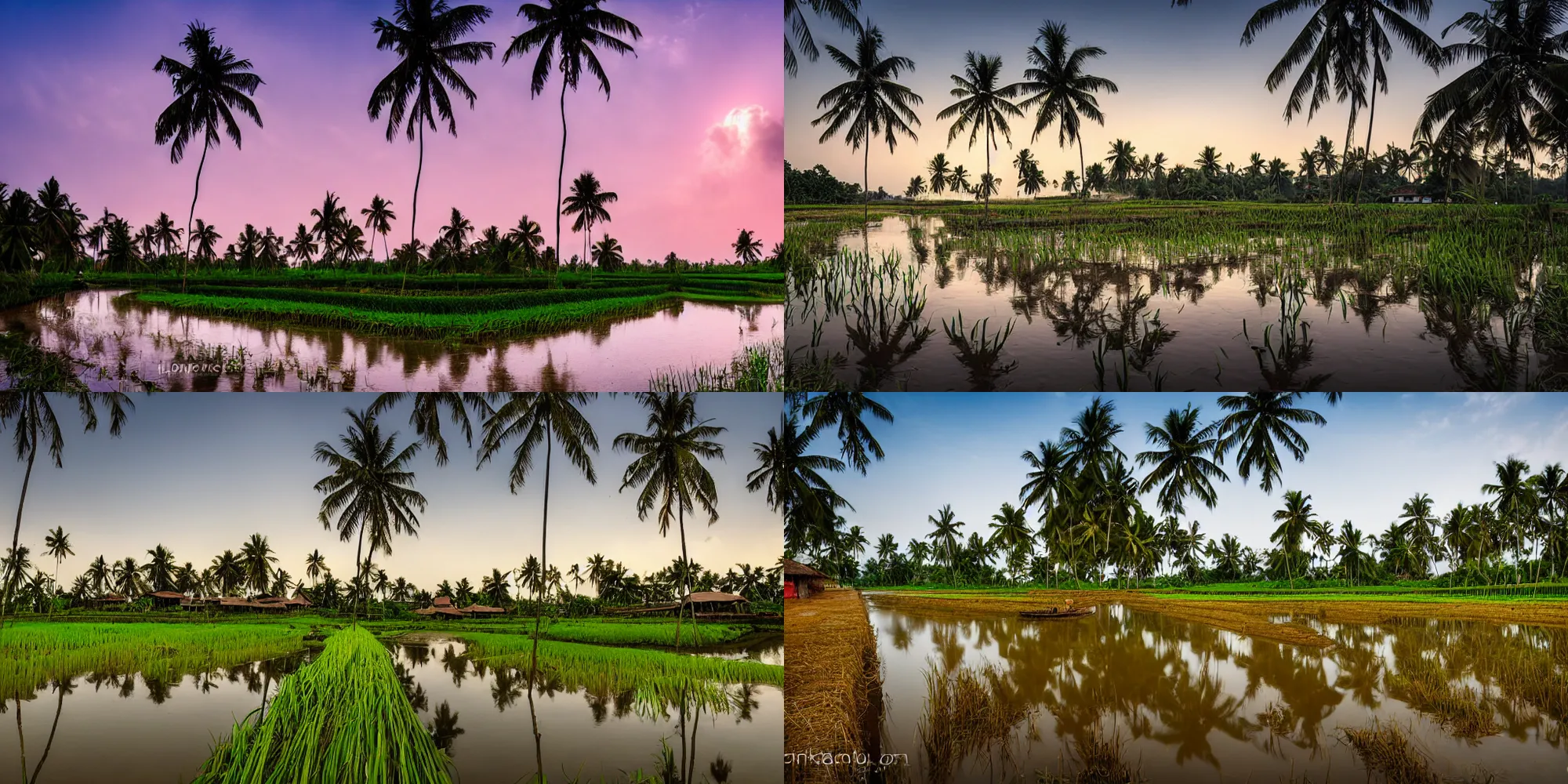 Prompt: a cinematic landscape of a kerala village, paddy fields and river flowing, thatched houses and coconut trees, 11mm lens, cinematic, dreamy, volumetric lighting