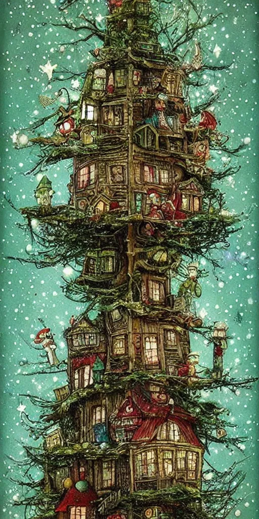 Prompt: a christmas tree house by alexander jansson