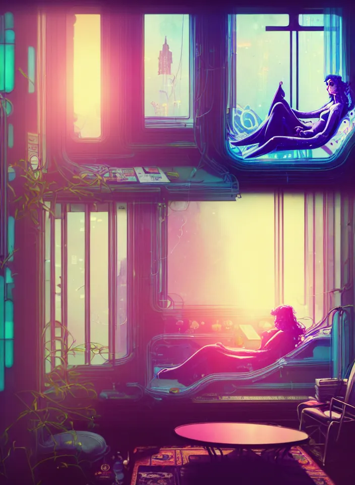 Image similar to telephoto 7 0 mm f / 2. 8 iso 2 0 0 photograph depicting the feeling of chrysalism in a cosy safe cluttered french sci - fi ( ( art nouveau ) ) cyberpunk apartment in a pastel dreamstate art cinema style. ( person relaxing living room near ) ( ( fish tank ) ), ambient light.