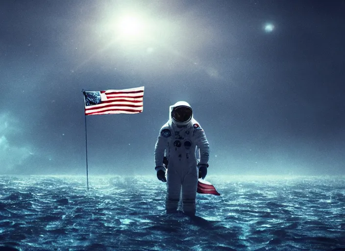 Image similar to astronaut holding a flag in an underwater desert. a submarine is visible in the distance. dark, concept art, cinematic, dramatic, atmospheric, 8 k, trending on artstation, blue, fish, low visibility, fog, ocean floor, christopher nolan, interstellar