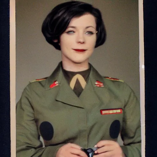 Prompt: brunette woman, short hair, flipped out hair, black military uniform, smirk, propaganda