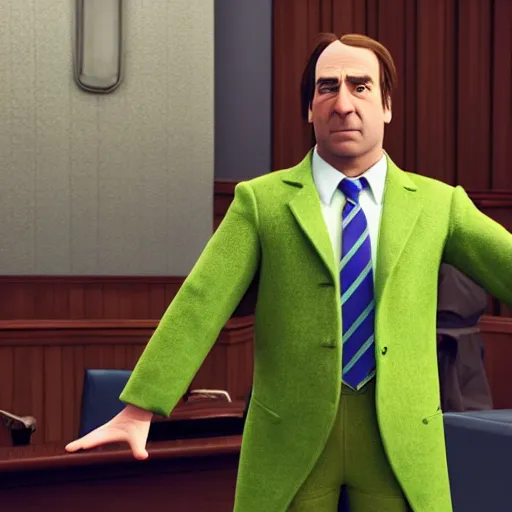 Image similar to Saul Goodman as a defense attorney, in a courtroom, shrek as the defendant | hyper realistic Unreal Engine Render, 8K