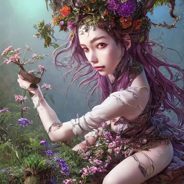 Image similar to the portrait of chaotic good female druid botanist as absurdly beautiful, gorgeous, elegant, young gravure idol, an ultrafine hyperdetailed illustration by kim jung gi, irakli nadar, intricate linework, sharp focus, bright colors, octopath traveler, final fantasy, unreal engine 5 highly rendered, global illumination, radiant light, detailed and intricate environment