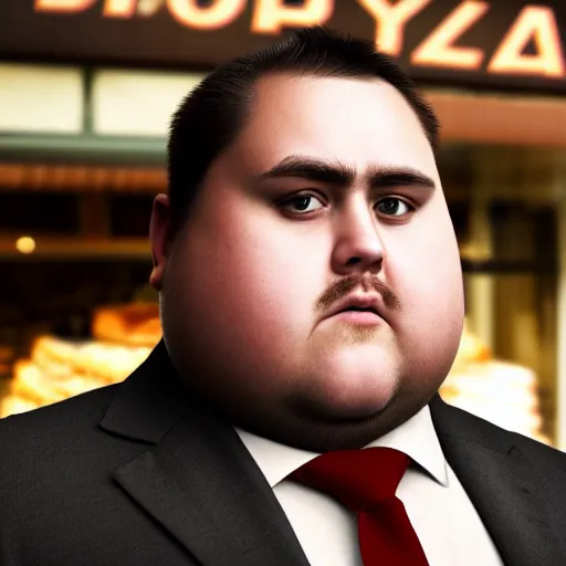 Image similar to Close up portrait of a chubby man wearing a brown suit and necktie with a bakery the background. Photorealistic. Award winning. Dramatic lighting. Intricate details. UHD 8K. He looks guilty.