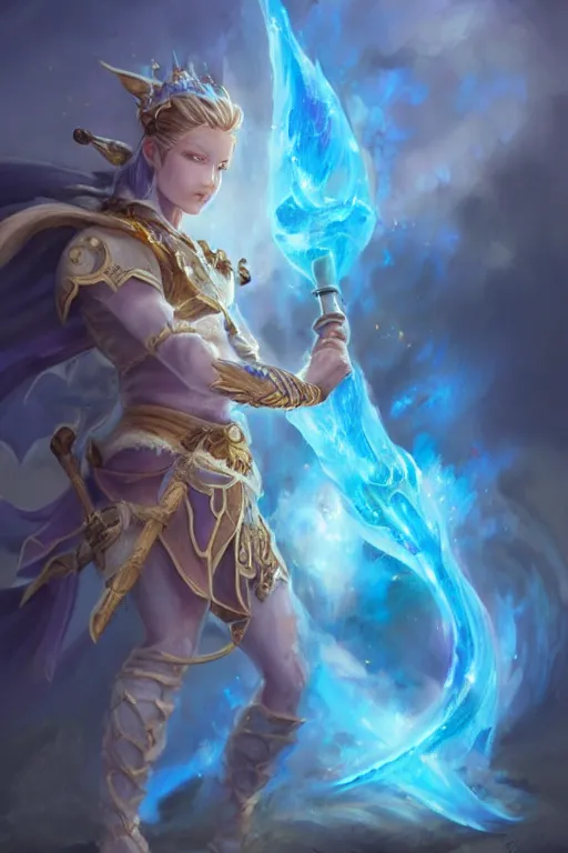 Image similar to legendary fairy prince hold flame staff, blue energy, highly detailed, d & d, fantasy, highly detailed, digital painting, trending on artstation, concept art, sharp focus, illustration, global illumination, ray tracing, realistic shaded, art by artgerm and greg rutkowski and fuji choko and viktoria gavrilenko and hoang lap