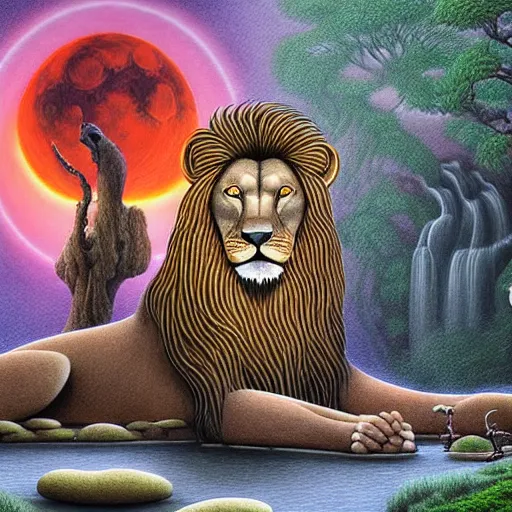 Prompt: an anthromorphic lion meditating in a zen garden with a waterfall under the blood moon, by Adi granov and afarin sajedi and amanda sage and evgeni gordiets and Agostino Arrivabene and adonna khare in a psychedelic portrait style, ultrarealistic matte painting, volumetric lighting, fractal, extremely symmetrical, highly detailed face, orisha, 8k, hd