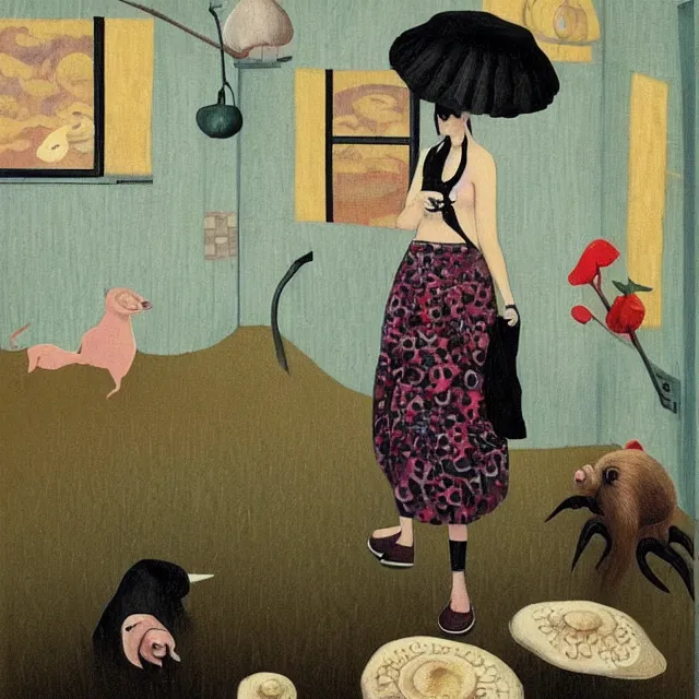 Image similar to tall female emo artist holding a pig in her flooded bathroom, mushrooms, octopus, water gushing from ceiling, painting of flood waters inside an artist's bathroom, a river flooding indoors, pomegranates, pigs, ikebana, zen, river, rapids, waterfall, black swans, canoe, berries, acrylic on canvas, surrealist, by magritte and monet