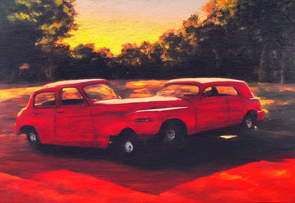 Image similar to one red car driving in the road, nature, golden hour, rule of thirds, brush strokes, oil painting