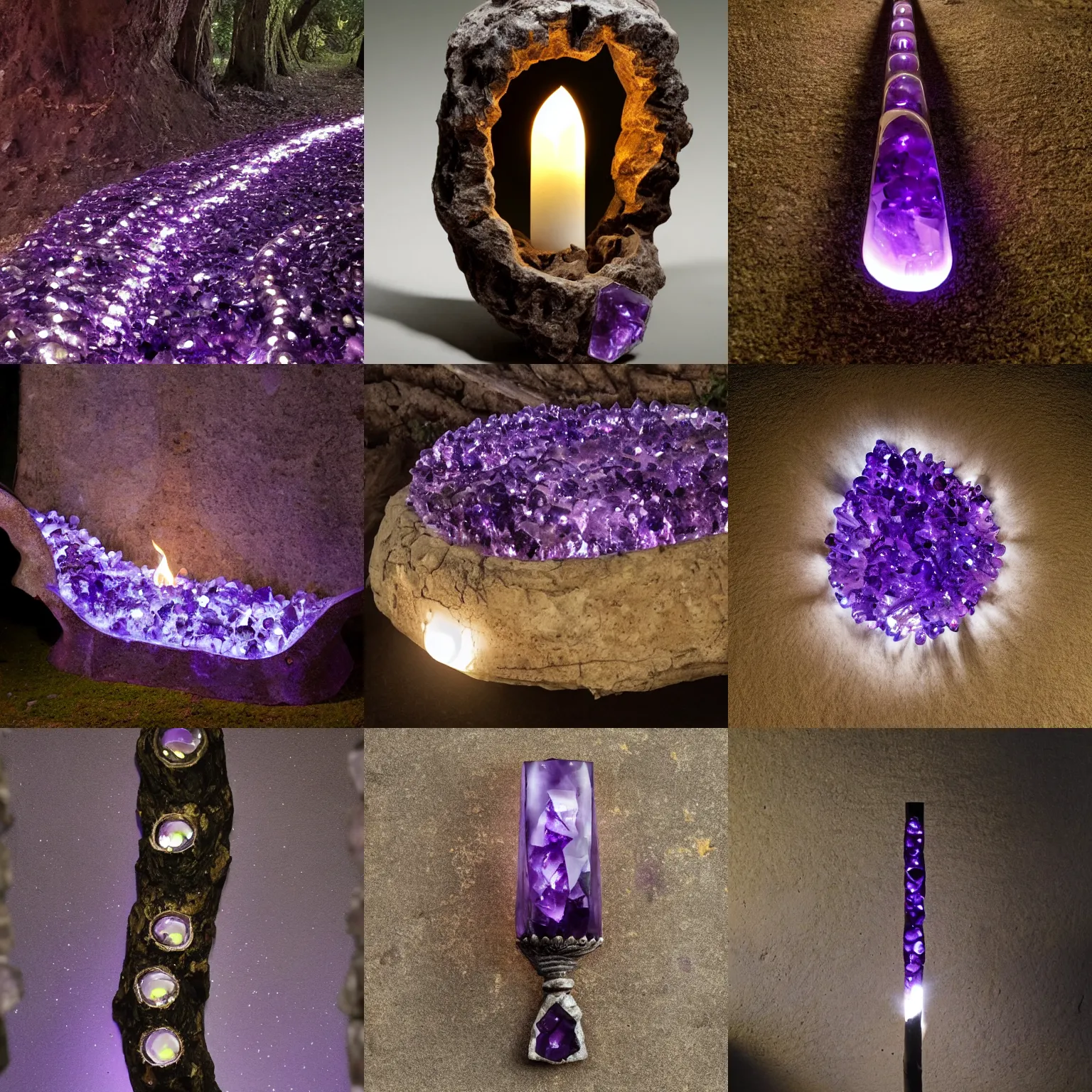 Prompt: a holloway (hollow-way) made of polished amethyst stones, torch lit at night