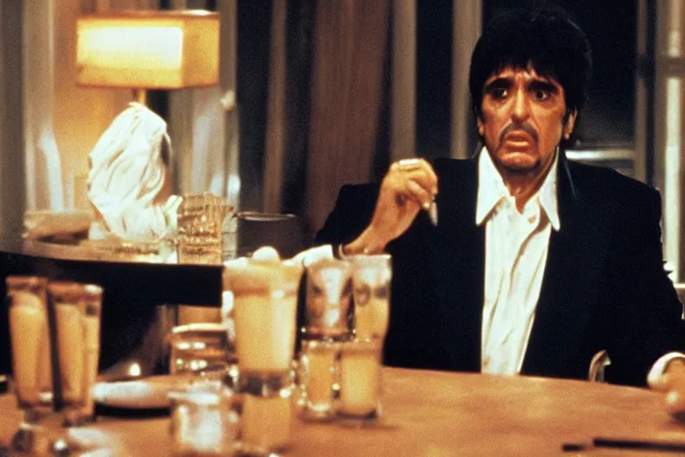 Prompt: tony montana from movie scarface 1 9 8 3 sitting at a big black oak table with ( big polyethylene packages of flour ). next to the night window. ( al pacino ). perfect symmetric face, coherent eyes,, fine details, 4 k, ron cobb, cinestill