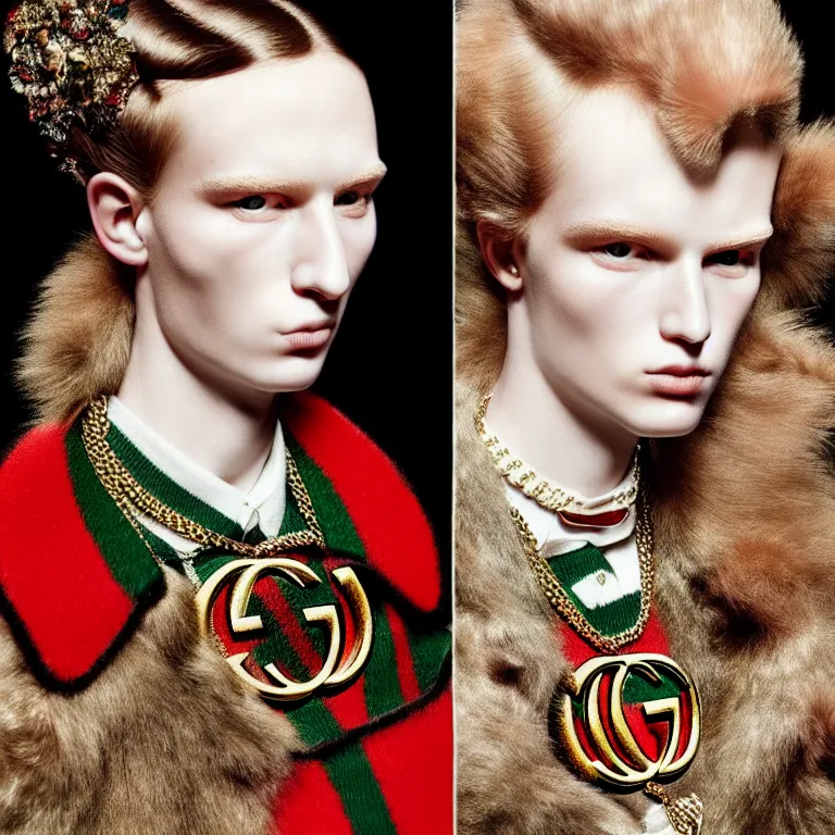 Prompt: a very beautiful gucci portrait, highly detailed, intricate, photography, fashion