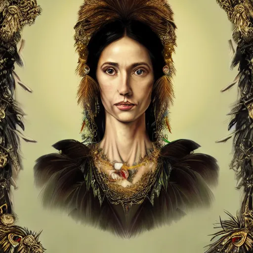 Prompt: portrait, headshot, digital painting, of Mother Ayahuascaa as a 10th century beautiful female Royal, dark hair, tropical feathers, seashells, teeth, claws, baroque, ornate clothing, scifi, futuristic, realistic, hyperdetailed, chiaroscuro, concept art, art by caravaggio