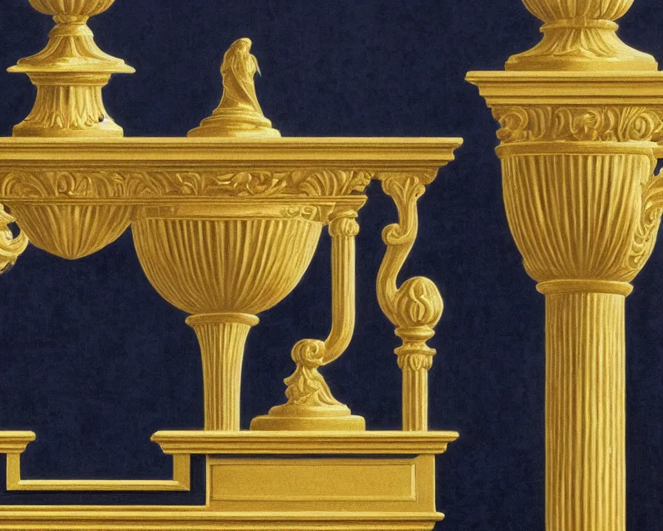 Image similar to an achingly beautiful print of gold clocks and marble corinthian capitals on a navy blue wall by Raphael, Hopper, and Rene Magritte. detailed, romantic, enchanting, trending on artstation.