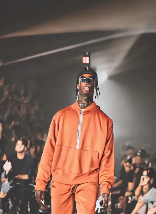 Image similar to hyperrealistic and heavy detailed nike runway show of travis scott, leica sl 2 5 0 mm, vivid color, high quality, high textured, real life